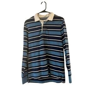 Lands’ End Authentic Rugby Shirt Small 34/36 Blue Striped Long Sleeve Cotton